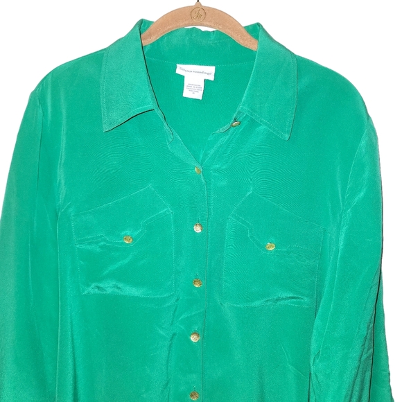 Soft Surroundings Green Silk Button Down Blouse Style# 23058 - Picture 3 of 5
